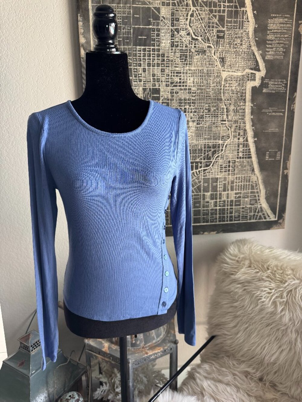Size M - Sugar Moon Blue Ribbed Long Sleeve Tee w/Side Buttons